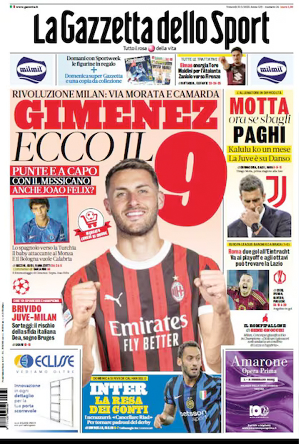 La portada de La Gazzetta dello Sport con Santiago Giménez